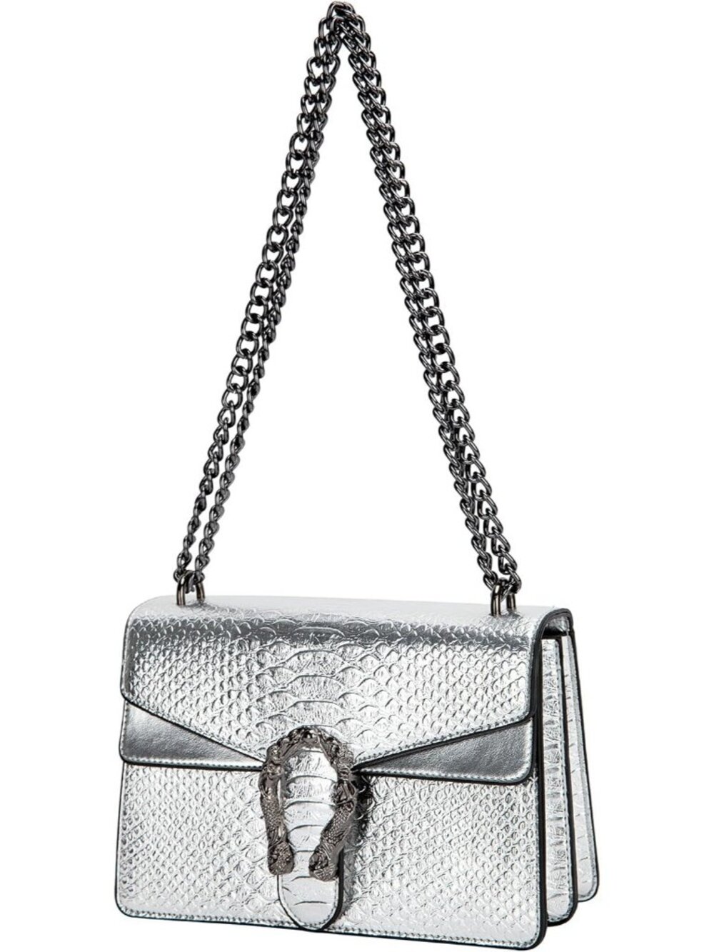 Women's A Silver Leather Snake Print Vintage Purse Chain Crossbody Bag